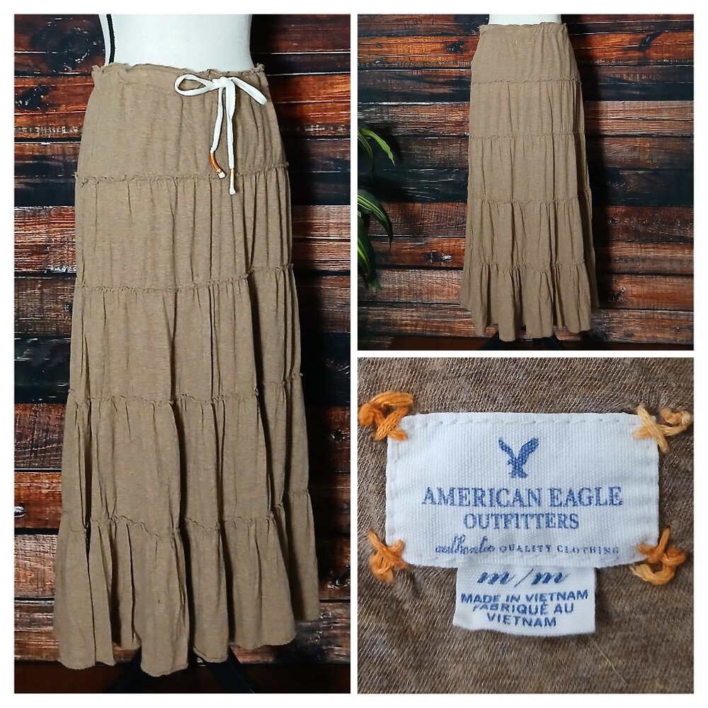 American Eagle Midi Skirt M Brown Tiered Elastic Waist Drawstring 100% Cotton